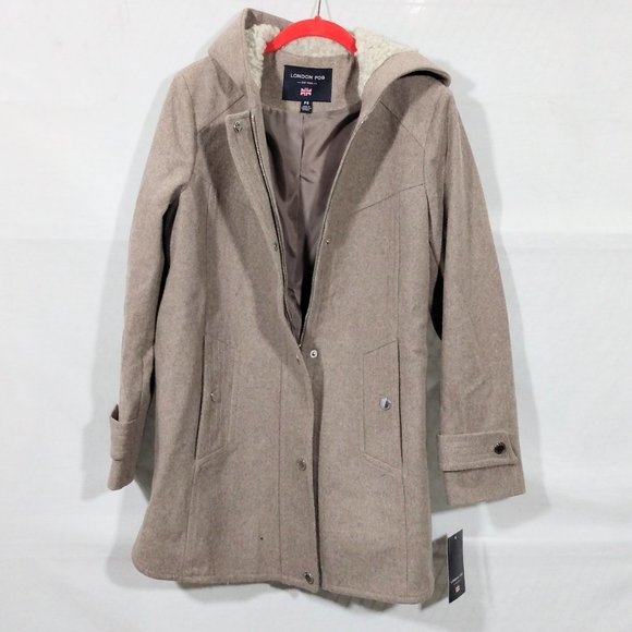 London Fog Sherpa Hood Wool-Blend Coat-Petite Small-Taupe Heather-New with Tags - Picture 7 of 7